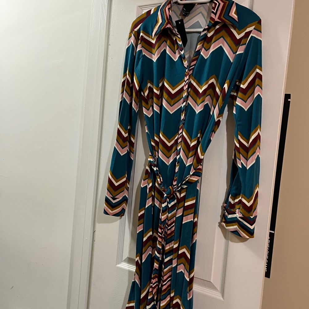 Sweet Claire Chevron Patterned Teal Maxi Dress M